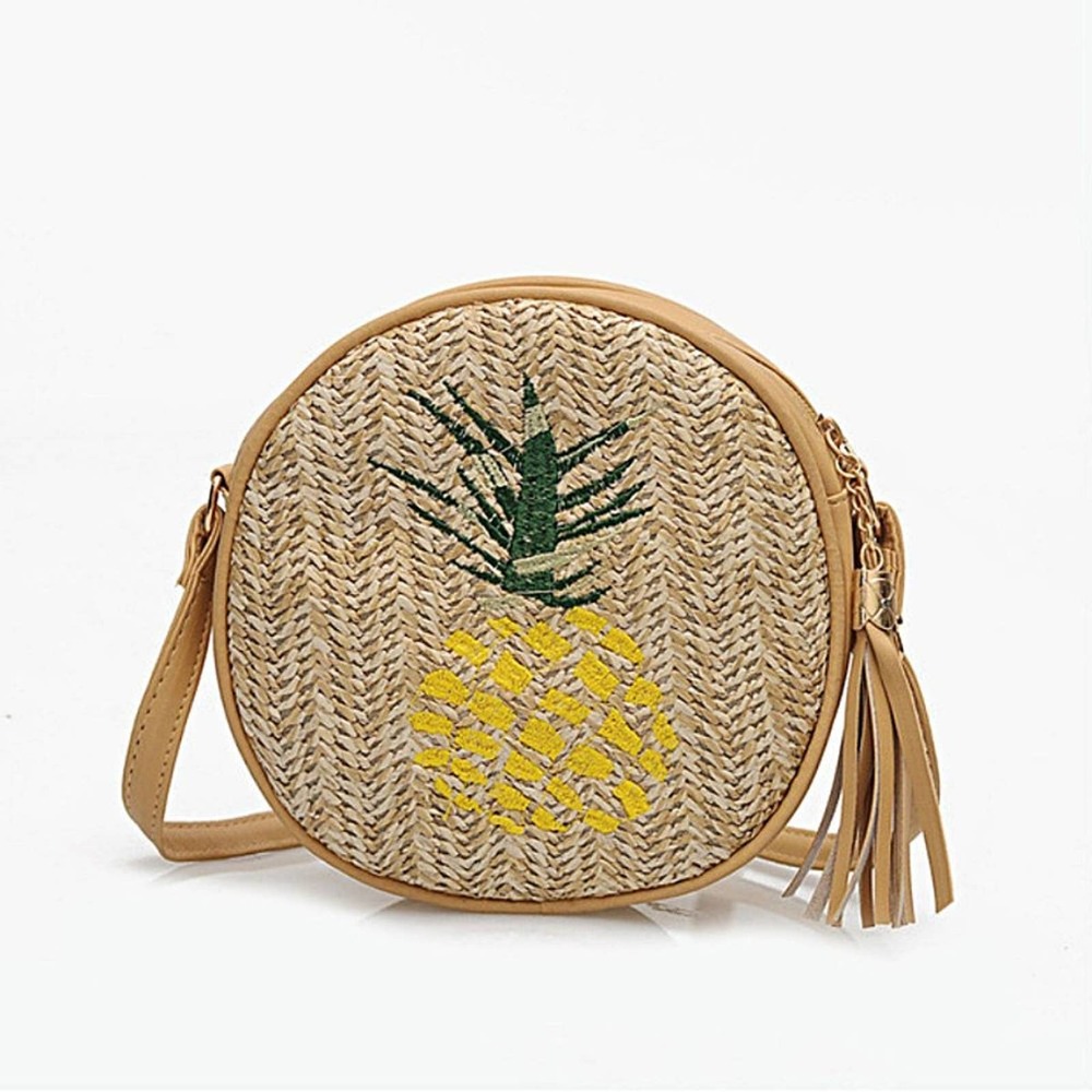 Tropical Pineapple Embroidered Round Straw Crossbody Bag